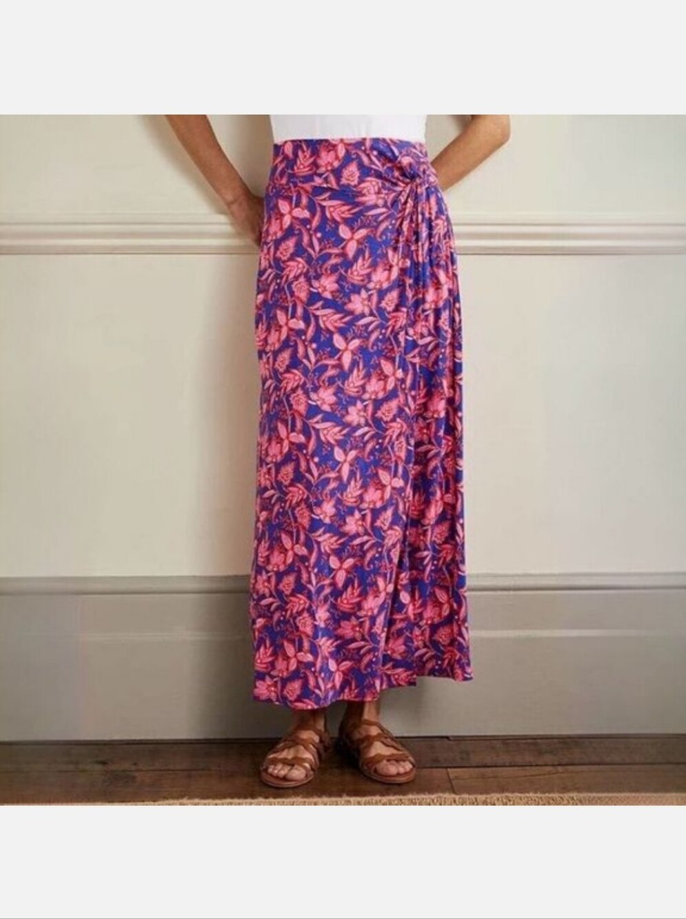 Boden 6R Knot Waist Jersey Midi Skirt Blue & Pink Floral Vine